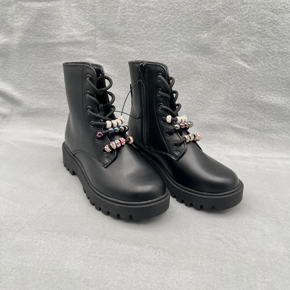 Art Class Kids Black Bronx Combat Boots Rhinestone Bead Accents Size 2 NWT